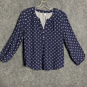 Old Navy Polka Dot Blouse Navy White Silky Rayon 1/2 Button Long Sleeve